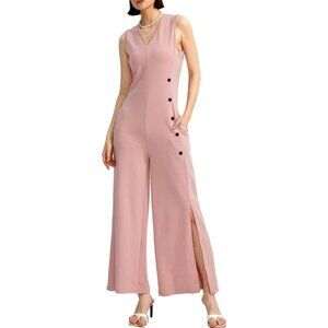 Cherfly Women's Small Peach Pink V-Neck Sleeveless Wide Leg Elegant Jumpsuits